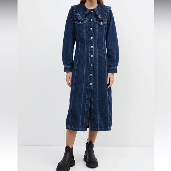 GANNI X LEVI'S Ruffle-trimmed cotton and hemp-blend denim shirt dress - Picture 1 of 12